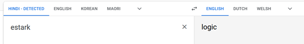 A screenshot of Google Translate. The from language says "Hindi - dectected" and the to language is set to English. The word for translation is "estark", which translates to "logic". Part of step 5 of creating fantasy place names.