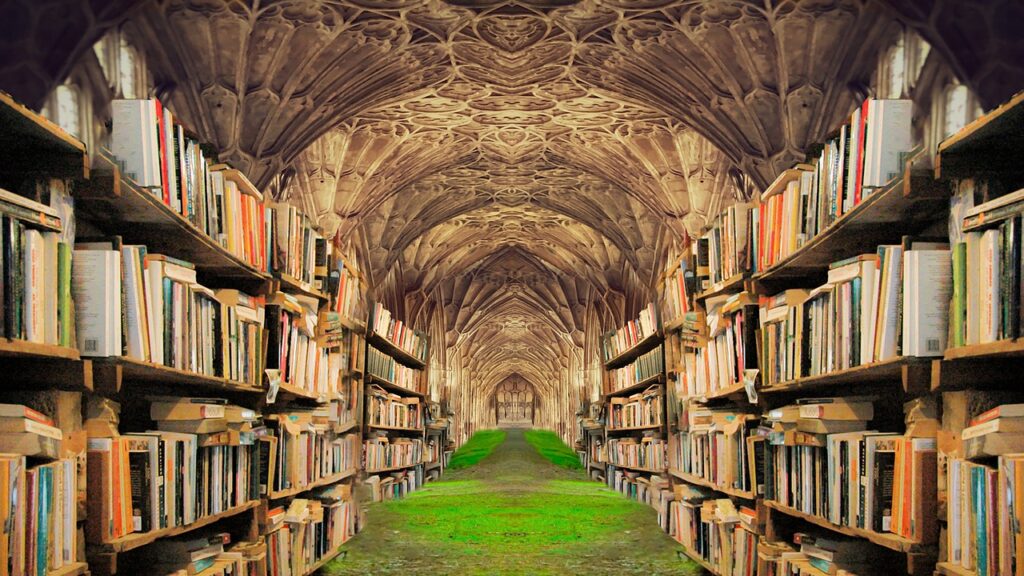 Two rows of library shelves beneath an ornate vaulted ceiling, on a floor on grass