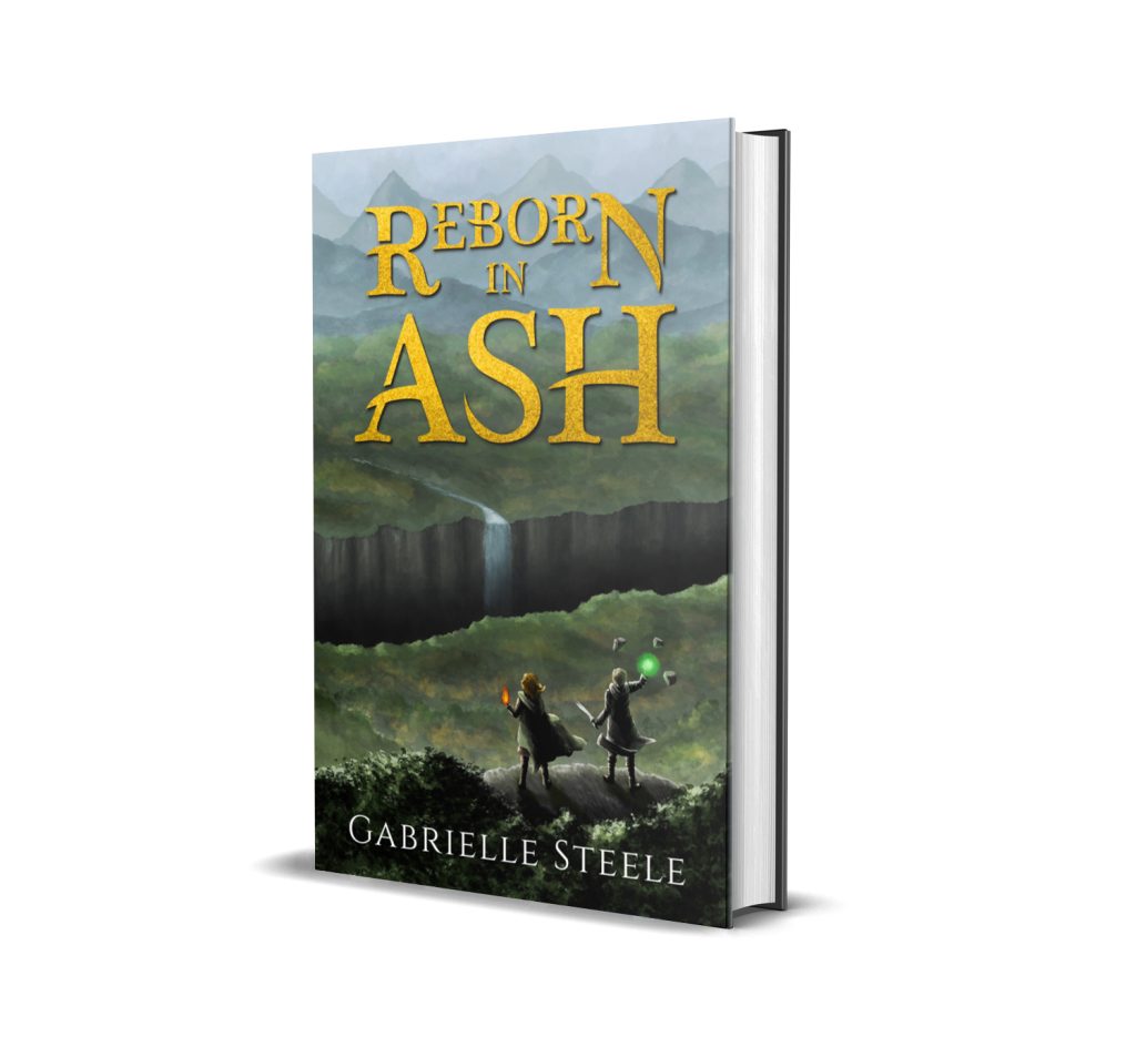 May include: A hardback book titled "Reborn in Ash" with a landscape illustration. The cover features gold lettering and a scene with two figures in a green and grey landscape. The author's name, Gabrielle Steele, is at the bottom.