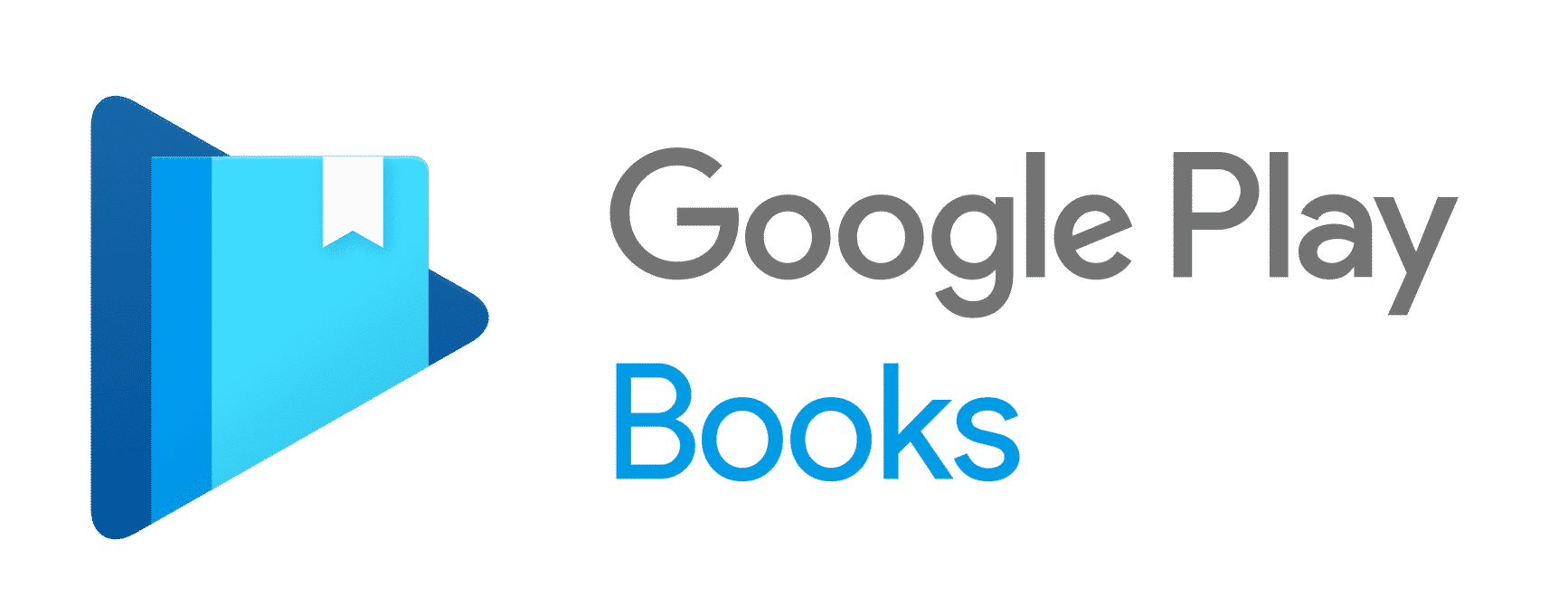 The Google Play Books logo banner. On the left is the Google Play Books logo, which is a blue triangle with part of a paler blue book icon over it as if it's coming out of a triangle-shaped hole. To the right is grey text "Google Play" with smaller blue text below "Books"