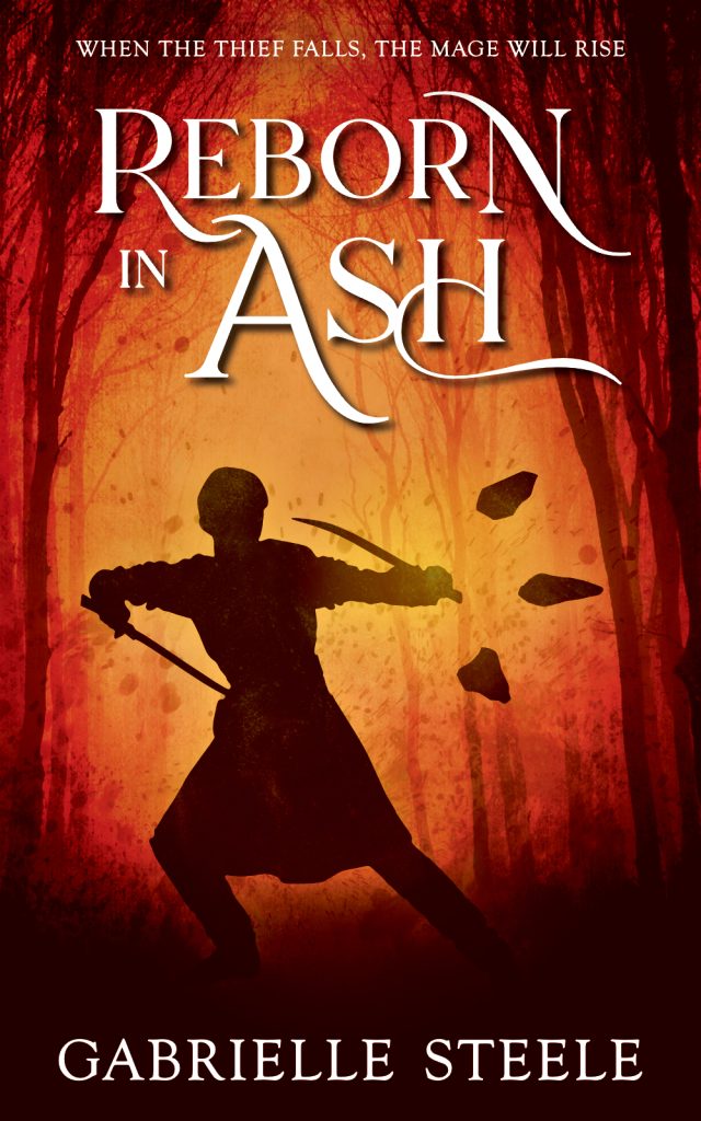 The cover of Reborn in Ash by Gabrielle Steele. The background is dark with a red-orange glow in a gap between the silhouettes of trees. The silhouette of a person fills most of the space between the trees. They are in an action stance, with twin swords raised, one either side, curving towards them defensively. One arm extends to the right, where three pointed stones hover, their tips aimed away from the person.