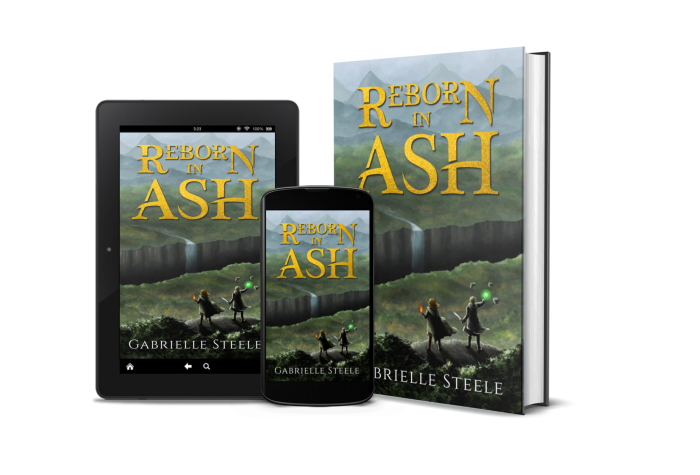 Reborn in Ash by Gabrielle Steele A tablet and phone showing the cover for Reborn in Ash by Gabrielle Steele, alongside a hardback of the book. Cover description: Towards the top, large golden text reads "Reborn in Ash". Below is small white text reading "A Thellian standalone fantasy novel." At the bottom is medium white text reading "Gabrielle Steele." The background is a digital painting of small autumnal hills leading to a mountain range in the distance. In the foreground is a ledge where two characters stand. On the left, a woman wearing a dark cape wields fire in her left hand. On the right, a woman wearing a long dark coat raises her right hand which is engulfed in bright green light. Hovering near her hand are three stones. The cloak and coat are flapping in the wind. The women look down over the hills at a large chasm that stretches across the cover. A waterfall drops into the chasm on the far side.