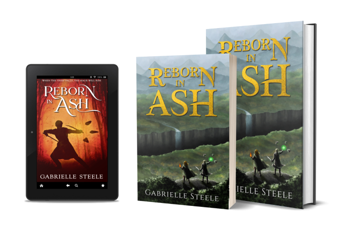 A mock-up showing three formats of book. On the left is a generic tablet showing the new cover of Reborn in Ash by Gabrielle Steele (The background is dark with a red-orange glow in a gap between the silhouettes of trees. The silhouette of a person fills most of the space between the trees. They are in an action stance, with twin swords raised, one either side, curving towards them defensively. One arm extends to the right, where three pointed stones hover, their tips aimed away from the person. The cover text is white, and the title font has some extended curved flourishes. Above the title is text reading, “When the thief falls, the mage will rise.”). On the right are a paperback and a hardback showing the original cover for the same book (Autumnal hills lead to a mountain range in the distance. In the foreground is a ledge where two women stand wielding magic. The left wields fire in her left hand. The right raises her right hand which is engulfed in bright green light. Hovering nearby are 3 stones. The women look down over the hills at a large chasm that stretches across the cover. A waterfall drops into the chasm on the far side.)