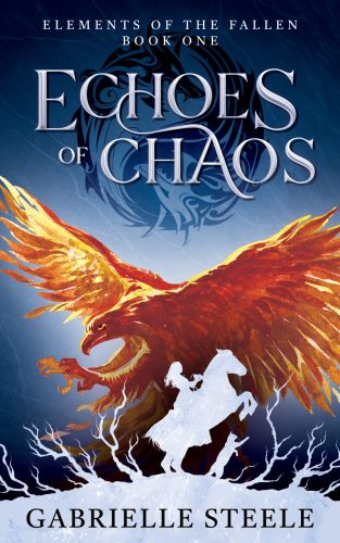 The book cover for Elements of the Fallen Book One: Echoes of Chaos by Gabrielle Steele. The background is dark blue with a cracked texture. The title is silver with a metallic almost 3D effect. Behind the title is a circular emblem of abstract dragons circling each other, one dark the other light. Beneath the title is a flame-coloured eagle in a watercolour style. Layered over the bottom of that is a marble-effect silhouette of a woman riding a horse with a cat beside it, surrounded by vine-like roots. The horse is rearing and the cat is up on its back legs reaching a forepaw towards the nearest root.