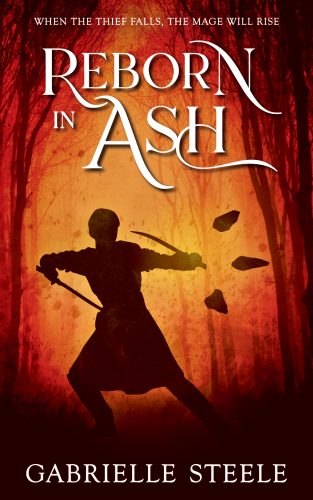 The cover of Reborn in Ash by Gabrielle Steele. The background is dark with a red-orange glow in a gap between the silhouettes of trees. The silhouette of a person fills most of the space between the trees. They are in an action stance, with twin swords raised, one either side, curving towards them defensively. One arm extends to the right, where three pointed stones hover, their tips aimed away from the person.