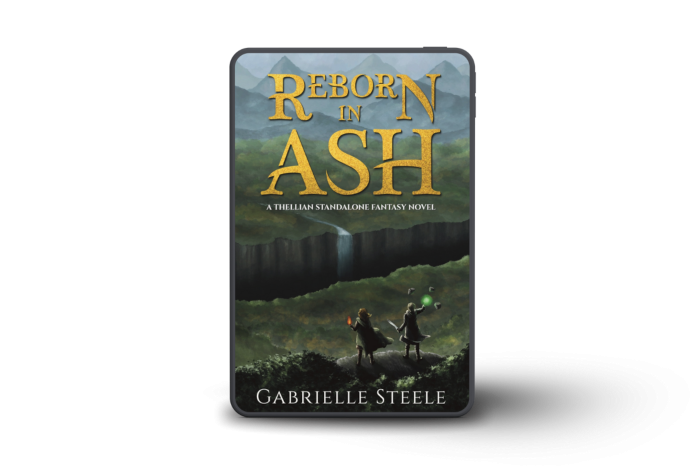 A tablet showing a book cover. Cover description: Towards the top, large golden text reads "Reborn in Ash". Below is small white text reading "A Thellian standalone fantasy novel." At the bottom is medium white text reading "Gabrielle Steele." The background is a digital painting of small autumnal hills leading to a mountain range in the distance. In the foreground is a ledge where two characters stand. On the left, a woman wearing a dark cape wields fire in her left hand. On the right, a woman wearing a long dark coat raises her right hand which is engulfed in bright green light. Hovering near her hand are three stones. The cloak and coat at flapping in the wind. The women look down over the hills at a large chasm that stretches across the cover. A waterfall drops into the chasm on the far side.